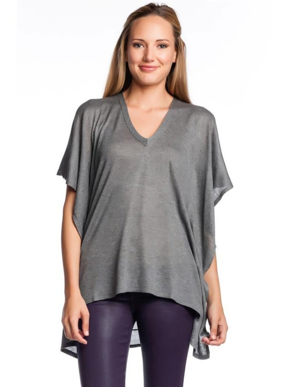 360 Sweater Angelina Top Grey V-neck Knit Fabric Poncho Sleeve Rayon Shinny Gray